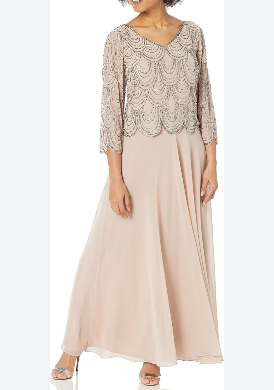 J Kara Women's V Neck Sleeve Scallop Beaded Top Long Dress Pink Blush size 18